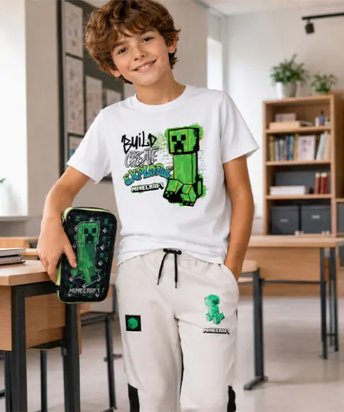 Minecraft Schuloutfit mit Federmäppchen für den Schulstart